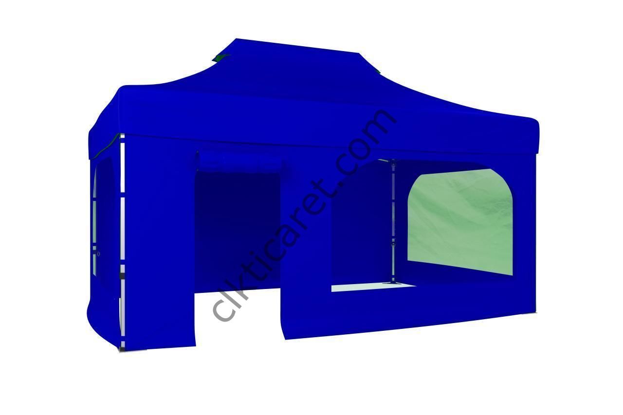 CLK 3x4,5 40mm Alüminyum Katlanabilir Tente Gazebo Çadır 4 Kenar Kapalı Takım Pencereli Kapılı Saks Mavi