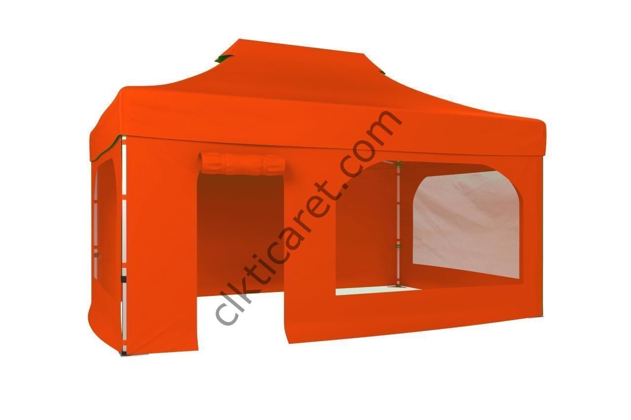 CLK 3x4,5 40mm Alüminyum Katlanabilir Tente Gazebo Çadır 4 Kenar Kapalı Takım Pencereli Kapılı Turuncu