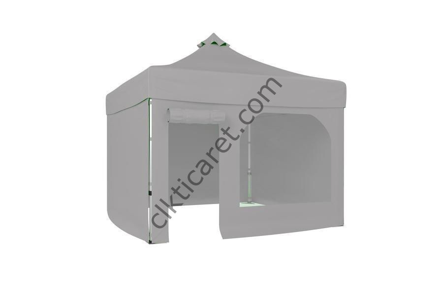 CLK 3x3 40 mm Katlanabilir Tente Gazebo Çadır Gazebo Çadır 3 Yan Kapalı 1 Yan Kapı ve Pencereli Açık Gri