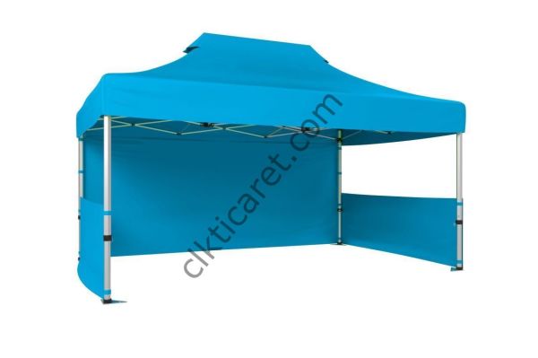 CLK 3x4,5 40mm Alüminyum Katlanabilir Tente Gazebo Çadır 3 Kenar Kapalı 2 Yarım Duvar Açık Mavi (Turkuaz)
