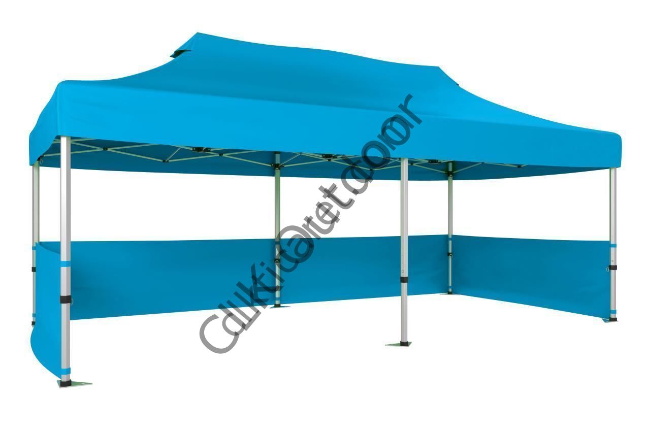 CLK 2,5x5 40 mm Katlanabilir Tente Gazebo Çadır Gazebo Çadır 3 Kenar Yarım Duvarlı Açık Mavi (Turkuaz)