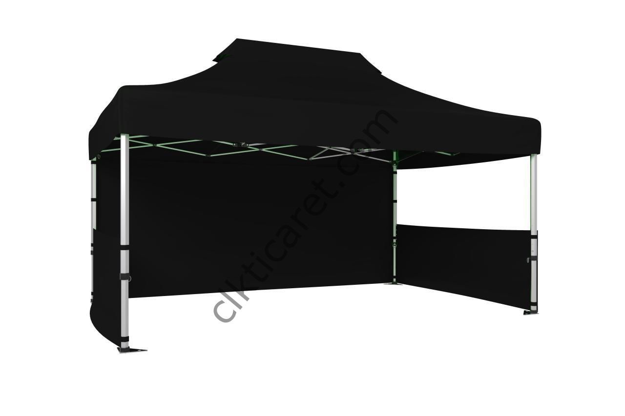 CLK 3x4,5 40mm Alüminyum Katlanabilir Tente Gazebo Çadır 3 Kenar Kapalı 2 Yarım Duvar Siyah