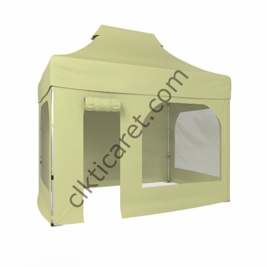 CLK 2x3 40mm Alüminyum Katlanabilir Tente Gazebo Çadır 4 Kenar Kapalı Kapı Pencereli Krem