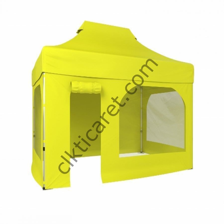 CLK 2x3 40mm Alüminyum Katlanabilir Tente Gazebo Çadır 4 Kenar Kapalı Kapı Pencereli Sarı