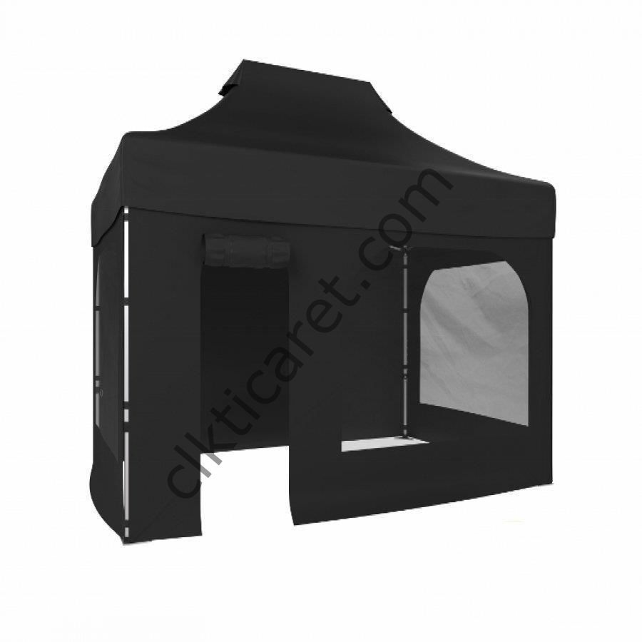 CLK 2x3 40mm Alüminyum Katlanabilir Tente Gazebo Çadır 4 Kenar Kapalı Kapı Pencereli Siyah