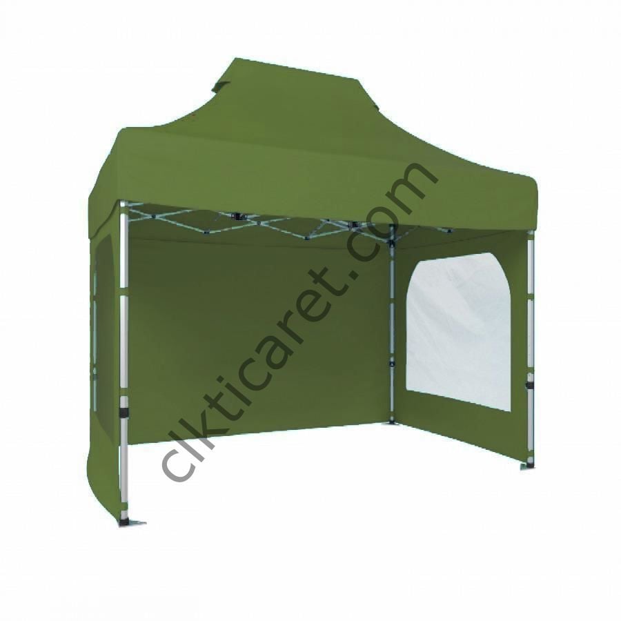 CLK 2x3 40mm Alüminyum Katlanabilir Tente Gazebo Çadır 3 Kenar Kapalı 2 Camlı Haki Askeri Yeşil