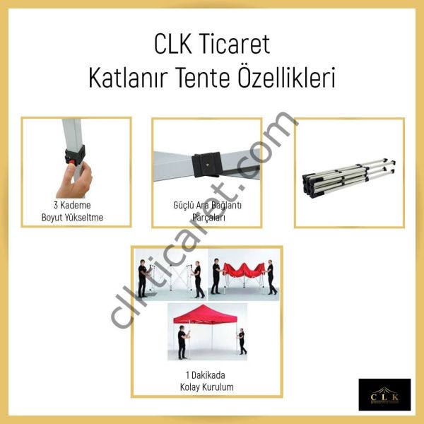 CLK 3x3 Katlanabilir Tente Gazebo Portatif Çadır 30 mm 2 Yan Pencereli 1 Yan Aksesuarsız 1 Yan Kapılı