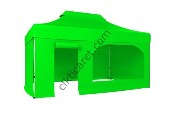 CLK 4x6 52mm Kalın Alüminyum Katlanabilir Tente Gazebo Çadır 3 Kenar Kapalı 1 Yan Kapı ve Pencereli Açık Yeşil
