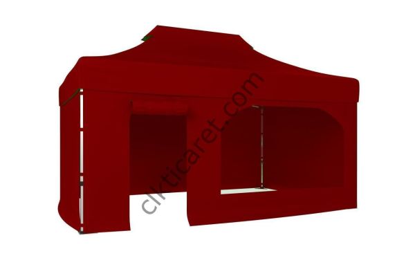CLK 4x6 52mm Kalın Alüminyum Katlanabilir Tente Gazebo Çadır 3 Kenar Kapalı 1 Yan Kapı ve Pencereli Bordo