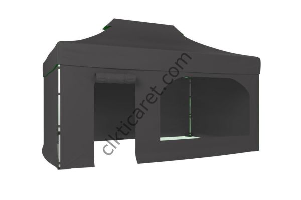 CLK 4x6 52mm Kalın Alüminyum Katlanabilir Tente Gazebo Çadır 3 Kenar Kapalı 1 Yan Kapı ve Pencereli Gri