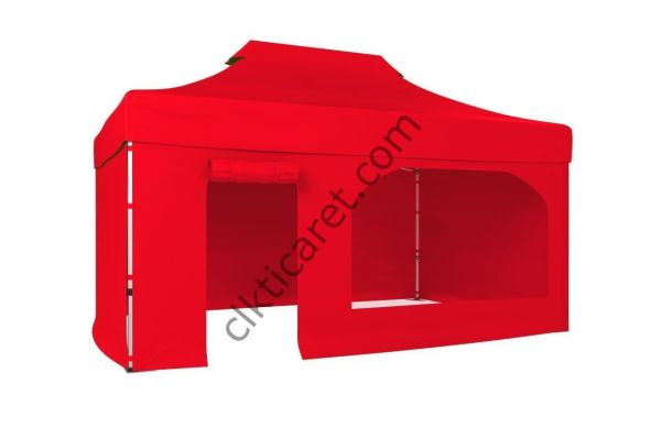 CLK 4x6 52mm Kalın Alüminyum Katlanabilir Tente Gazebo Çadır 3 Kenar Kapalı 1 Yan Kapı ve Pencereli Kırmızı