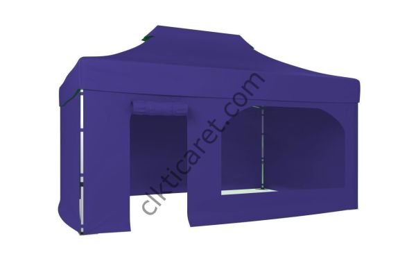 CLK 4x6 52mm Kalın Alüminyum Katlanabilir Tente Gazebo Çadır 3 Kenar Kapalı 1 Yan Kapı ve Pencereli Lacivert
