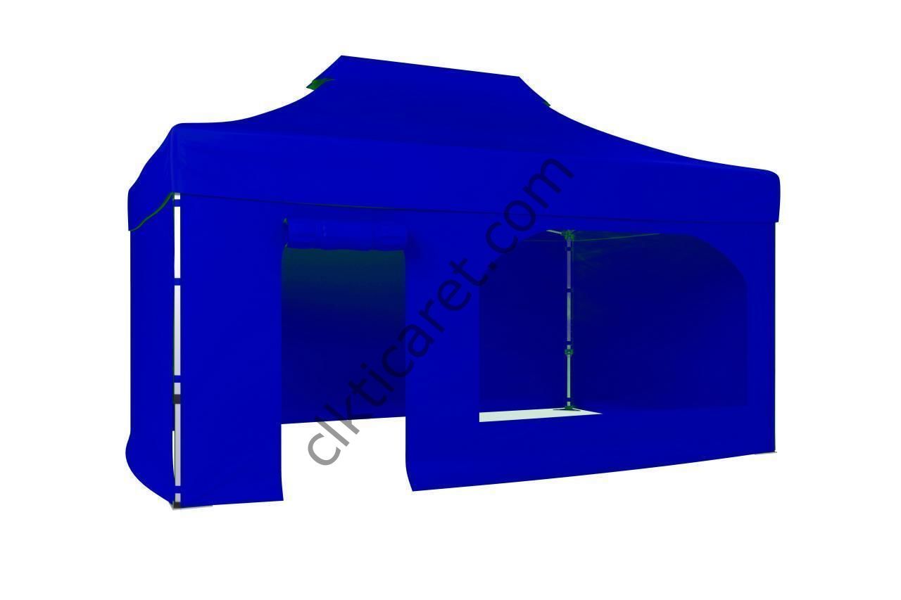 CLK 4x6 52mm Kalın Alüminyum Katlanabilir Tente Gazebo Çadır 3 Kenar Kapalı 1 Yan Kapı ve Pencereli Saks Mavi