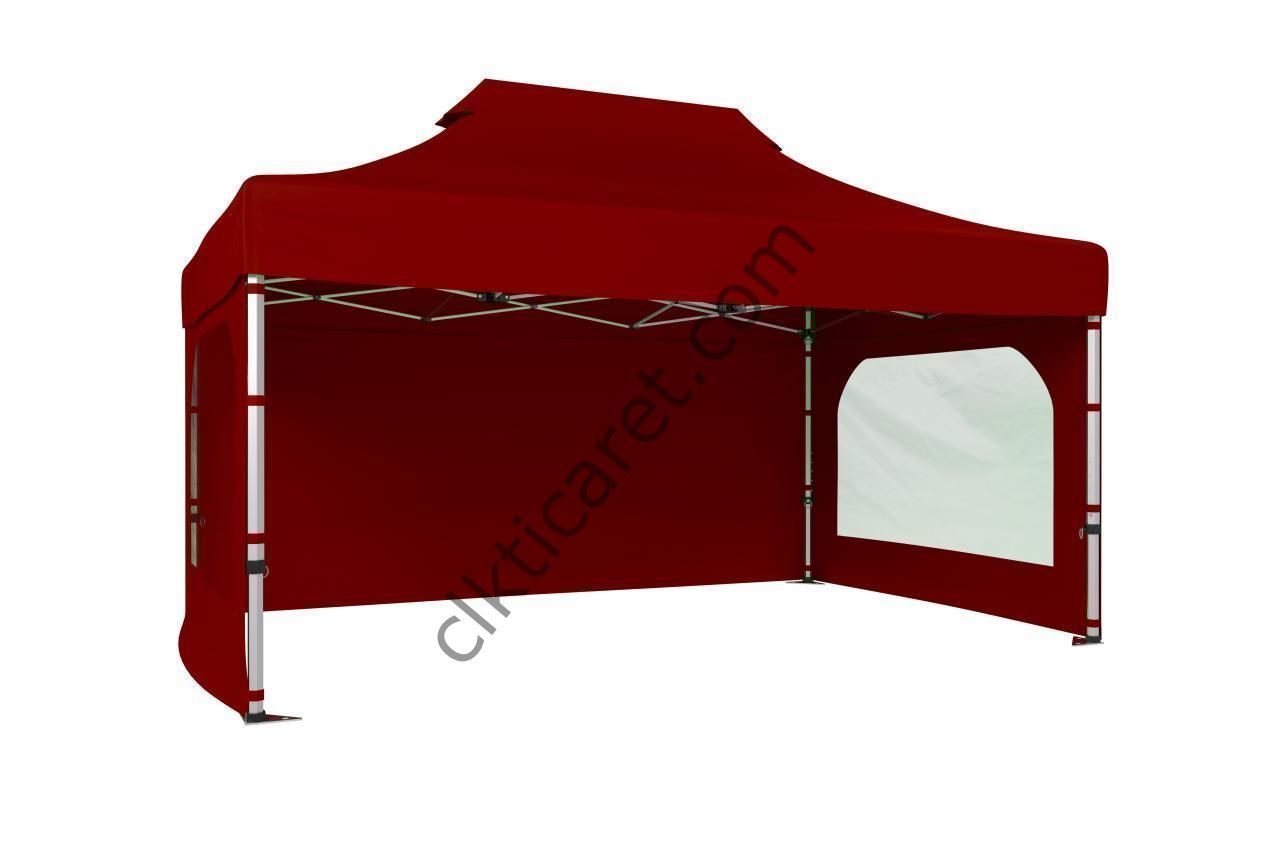 CLK 4x6 52mm Kalın Alüminyum Katlanabilir Tente Gazebo Çadır 3 Yan Duvarlı 2 Pencereli Bordo