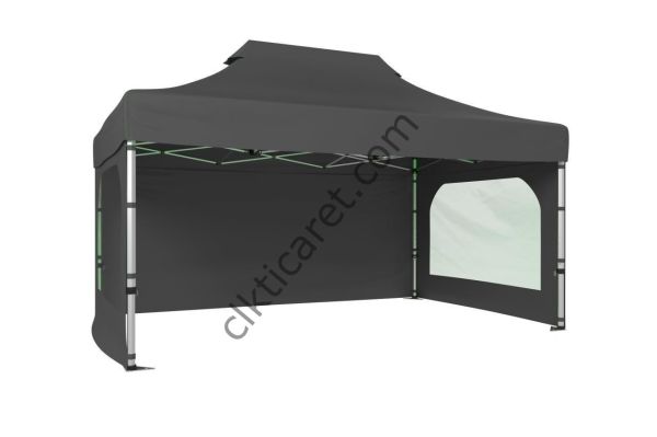 CLK 4x6 52mm Kalın Alüminyum Katlanabilir Tente Gazebo Çadır 3 Yan Duvarlı 2 Pencereli Gri