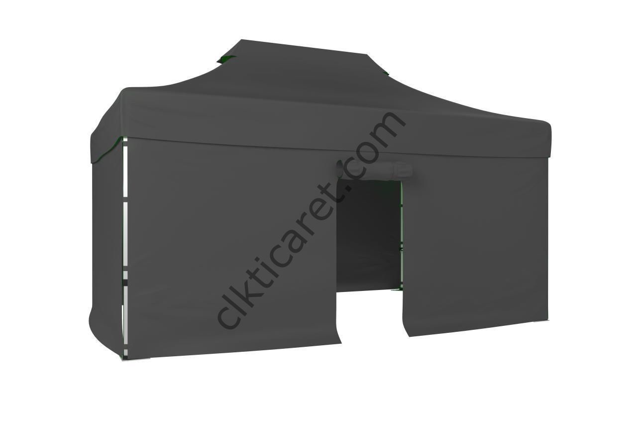 CLK 4x6 52mm Kalın Alüminyum Katlanabilir Tente Gazebo Çadır 3 Kenar Kapalı 1 Kapılı Gri
