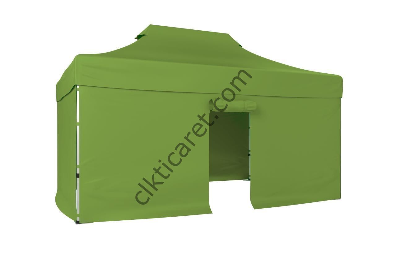CLK 4x6 52mm Kalın Alüminyum Katlanabilir Tente Gazebo Çadır 3 Kenar Kapalı 1 Kapılı Haki Askeri Yeşil