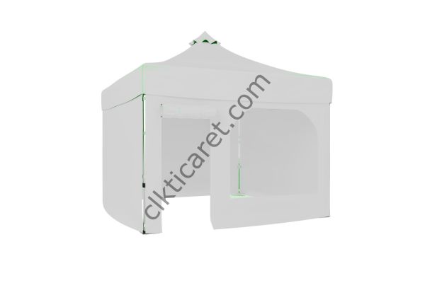 CLK 3x3 Katlanabilir Tente Gazebo Portatif Çadır 30 mm 3 Yan Kapalı 1 Yan Kapı ve Pencereli Beyaz