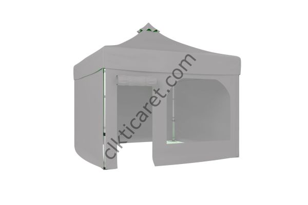 CLK 3x3 Katlanabilir Tente Gazebo Portatif Çadır 30 mm 3 Yan Kapalı 1 Yan Kapı ve Pencereli Açık Gri