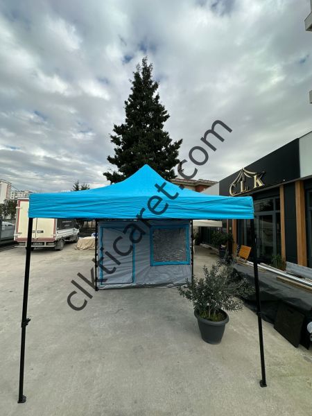 CLK 3x6 Verendalı 30 mm Profil Portatif Katlanır Gazebo Kamp Çadır Açık Gri Saks Mavi