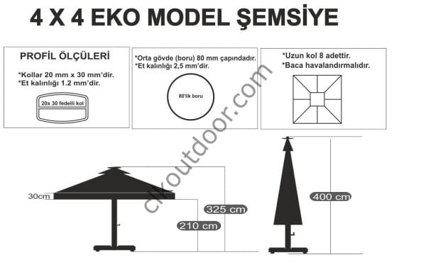 CLK 4x4 Metre Saçaklı Eko Model Krank Sistem Teleskopik Şemsiye Q80 Profil Polyester (Yerli) - Flanş - Siyah