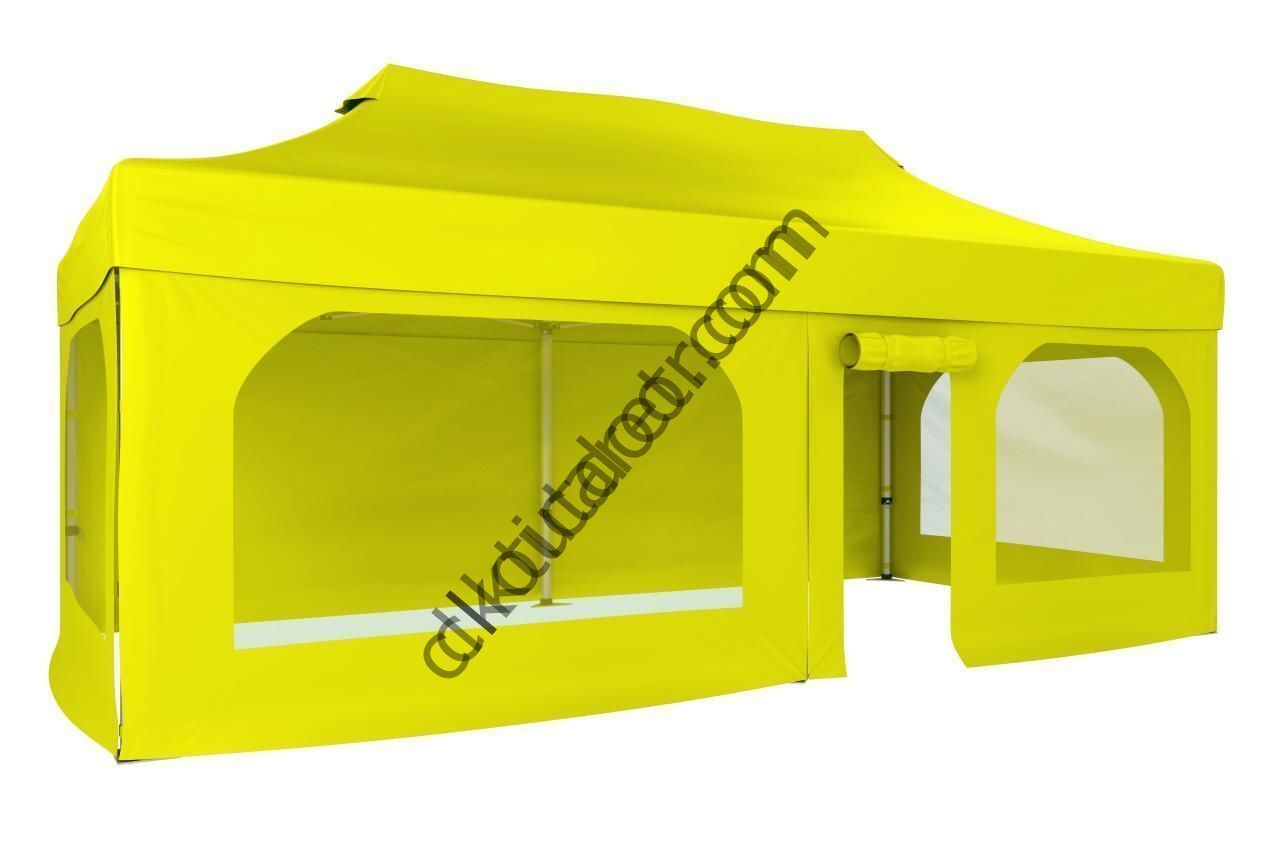 CLK 2x4 40mm Alüminyum Katlanabilir Tente Gazebo Çadır  2 Yan Pencereli 1 Yan Aksesuarsız 1 Yan Kapı ve Pencereli Sarı