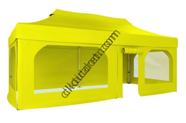 CLK 2x4 40mm Alüminyum Katlanabilir Tente Gazebo Çadır  2 Yan Pencereli 1 Yan Aksesuarsız 1 Yan Kapı ve Pencereli Sarı
