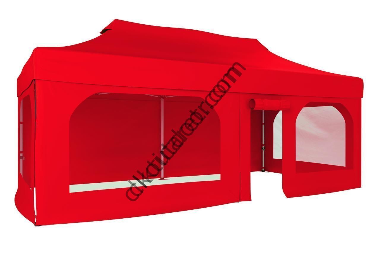CLK 2x4 40mm Alüminyum Katlanabilir Tente Gazebo Çadır  2 Yan Pencereli 1 Yan Aksesuarsız 1 Yan Kapı ve Pencereli Kırmızı