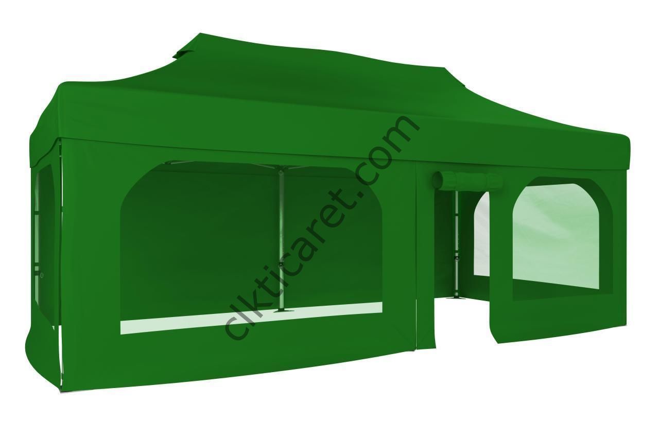 CLK 3x6 40mm Alüminyum Katlanabilir Tente Gazebo Çadır  2 Yan Pencereli 1 Yan Aksesuarsız 1 Yan Kapı ve Pencereli Benetton Yeşil