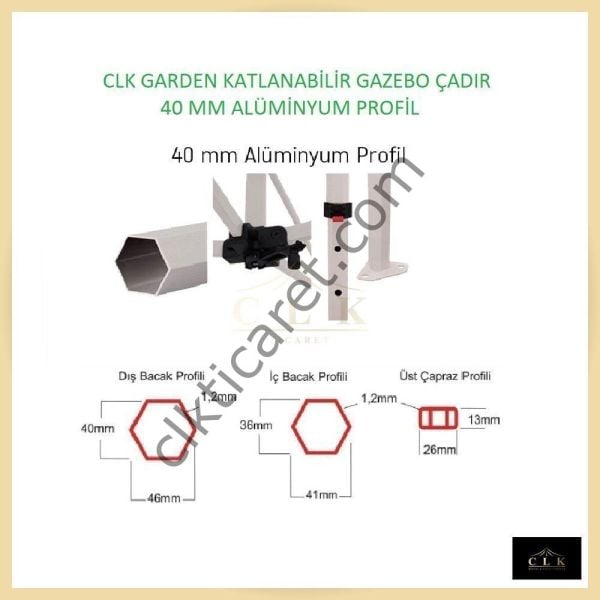 CLK 3x6 40mm Alüminyum Katlanabilir Tente Gazebo Çadır  2 Yan Pencereli 1 Yan Aksesuarsız 1 Yan Kapı ve Pencereli Benetton Yeşil
