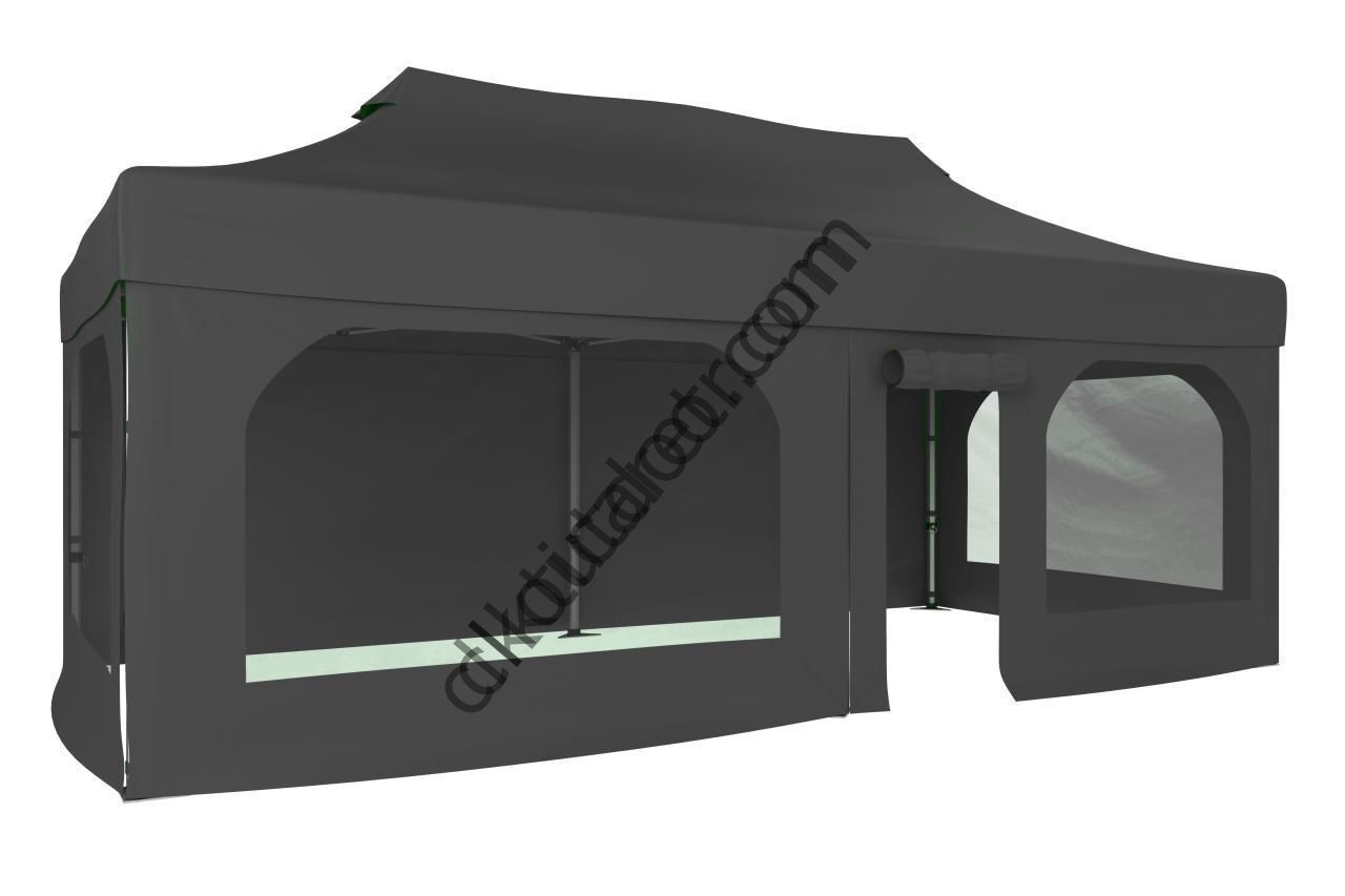 CLK 2x4 40mm Alüminyum Katlanabilir Tente Gazebo Çadır  2 Yan Pencereli 1 Yan Aksesuarsız 1 Yan Kapı ve Pencereli Gri