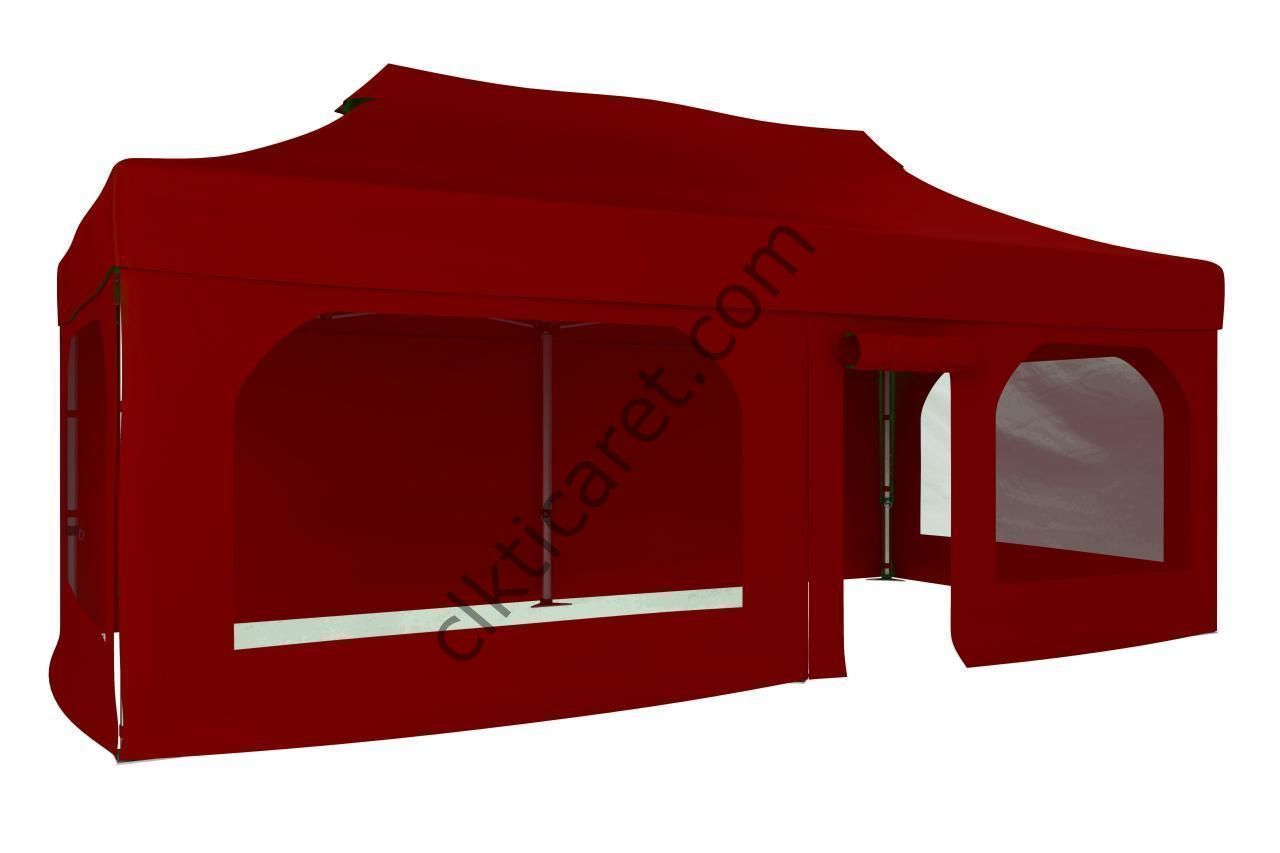 CLK 3x6 40mm Alüminyum Katlanabilir Tente Gazebo Çadır  2 Yan Pencereli 1 Yan Aksesuarsız 1 Yan Kapı ve Pencereli Bordo