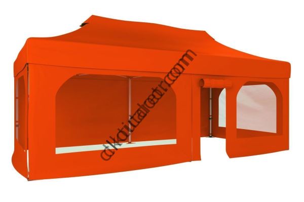 CLK 2x4 40mm Alüminyum Katlanabilir Tente Gazebo Çadır  2 Yan Pencereli 1 Yan Aksesuarsız 1 Yan Kapı ve Pencereli Turuncu