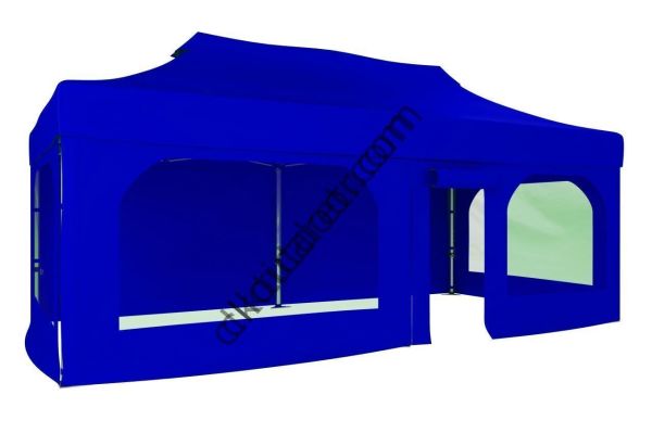 CLK 2x4 40mm Alüminyum Katlanabilir Tente Gazebo Çadır  2 Yan Pencereli 1 Yan Aksesuarsız 1 Yan Kapı ve Pencereli Saks Mavi