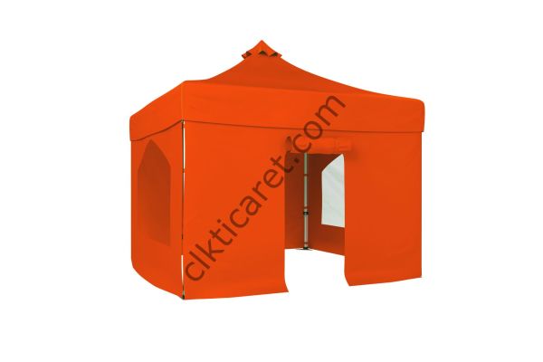 CLK 3x3 Katlanabilir Tente Gazebo Portatif Çadır 30 mm 2 Yan Pencereli 1 Yan Aksesuarsız 1 Yan Kapılı Turuncu