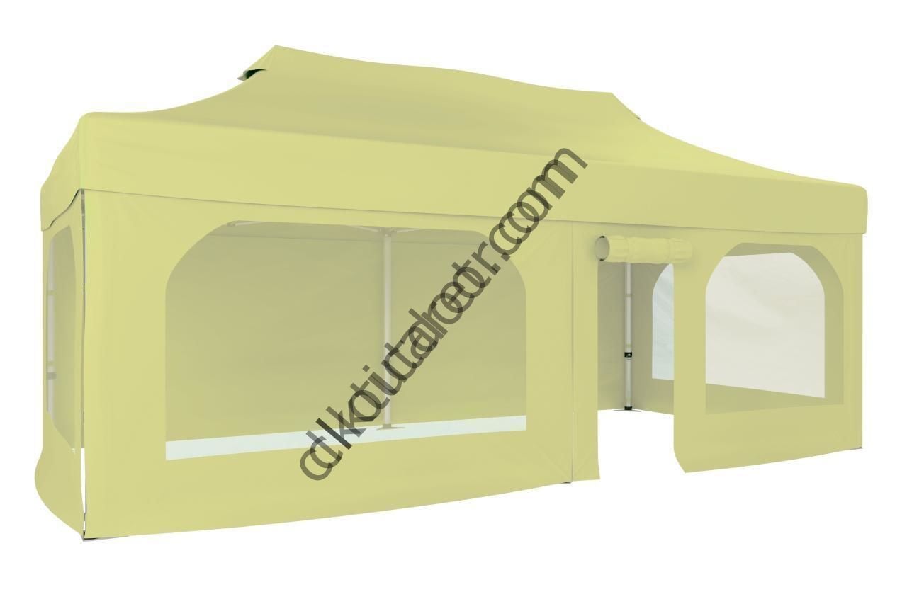 CLK 2x4 40mm Alüminyum Katlanabilir Tente Gazebo Çadır  2 Yan Pencereli 1 Yan Aksesuarsız 1 Yan Kapı ve Pencereli Krem
