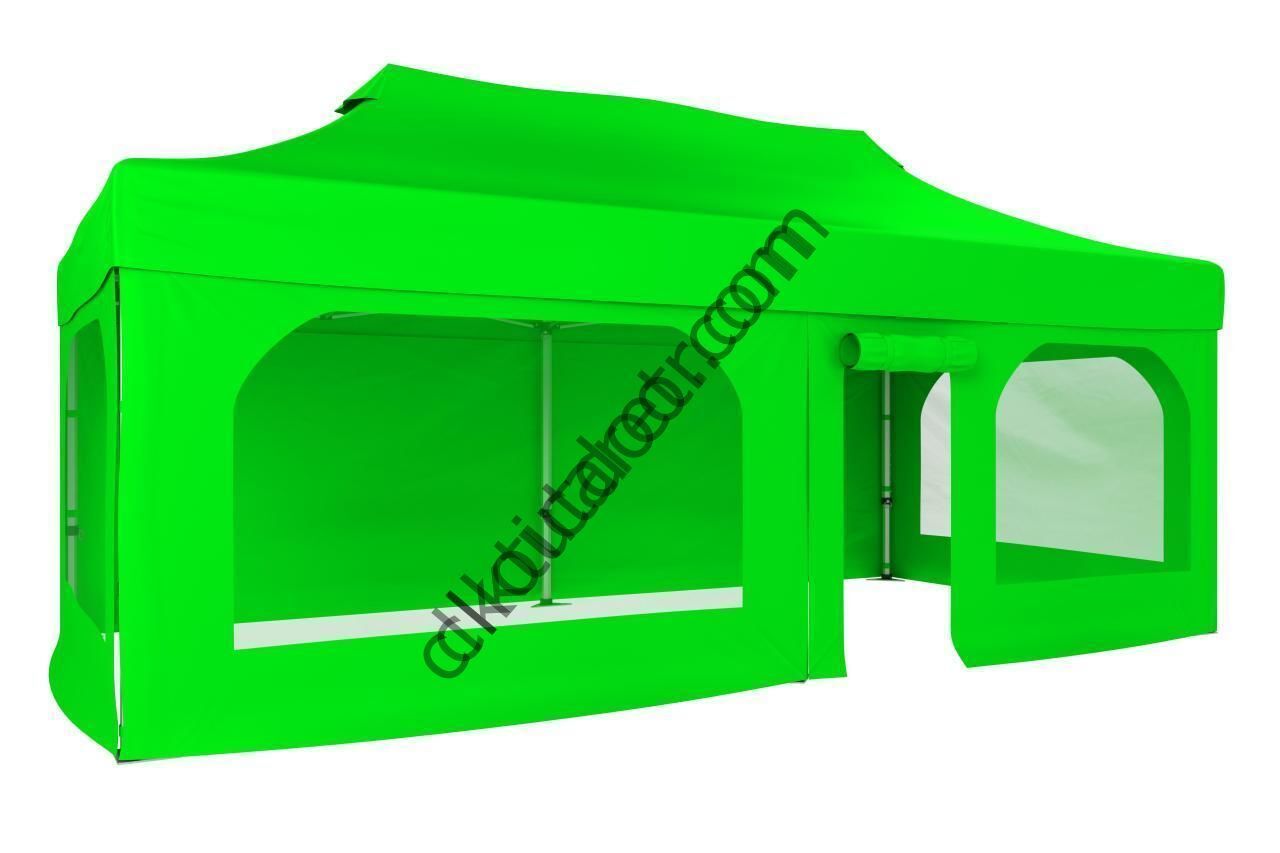 CLK 2x4 40mm Alüminyum Katlanabilir Tente Gazebo Çadır  2 Yan Pencereli 1 Yan Aksesuarsız 1 Yan Kapı ve Pencereli Açık Yeşil