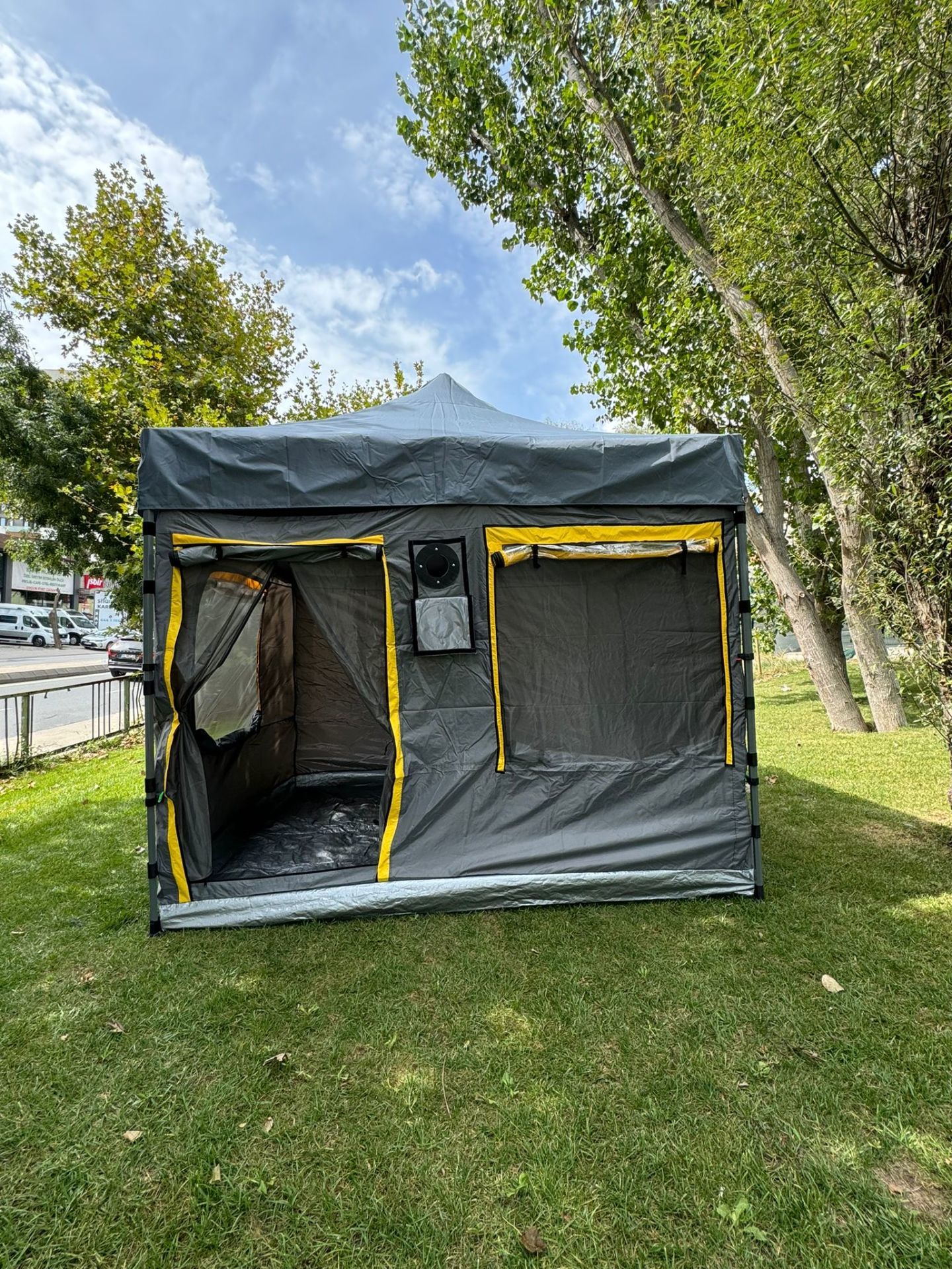 CLK 3x3 Metre 30 mm Profil Portatif Katlanır Portatif Gazebo Kamp Çadır Antrasit Gri Krem