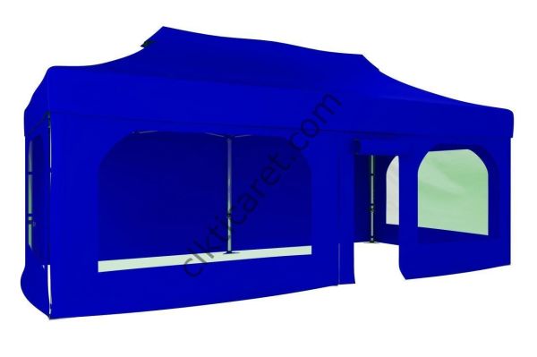 CLK 3x6 40mm Alüminyum Katlanabilir Tente Gazebo Çadır  2 Yan Pencereli 1 Yan Aksesuarsız 1 Yan Kapı ve Pencereli Saks Mavi