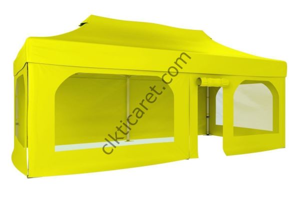 CLK 3x6 40mm Alüminyum Katlanabilir Tente Gazebo Çadır  2 Yan Pencereli 1 Yan Aksesuarsız 1 Yan Kapı ve Pencereli Sarı