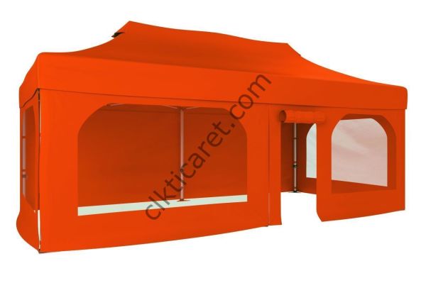 CLK 3x6 40mm Alüminyum Katlanabilir Tente Gazebo Çadır  2 Yan Pencereli 1 Yan Aksesuarsız 1 Yan Kapı ve Pencereli Turuncu
