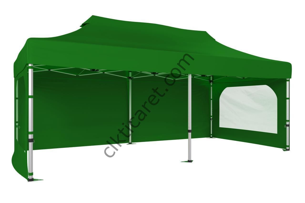 CLK 3x6 40 mm Alüminyum Katlanabilir Gazebo Tente Çadır 3 Yan Duvarlı 2 Pencereli Benetton Yeşil