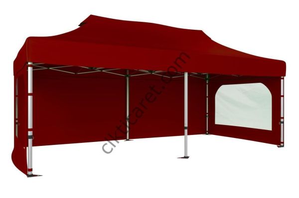 CLK 3x6 40 mm Alüminyum Katlanabilir Gazebo Tente Çadır 3 Yan Duvarlı 2 Pencereli Bordo