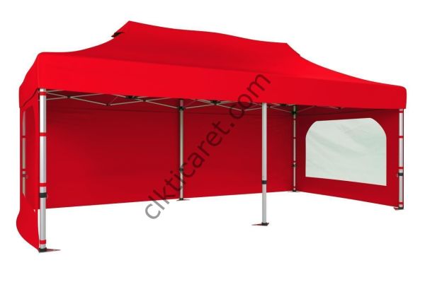 CLK 3x6 40 mm Alüminyum Katlanabilir Gazebo Tente Çadır 3 Yan Duvarlı 2 Pencereli Kırmızı