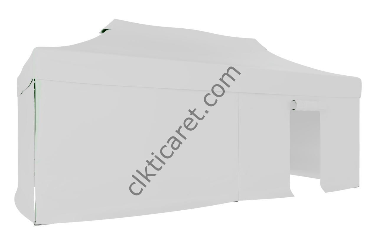 CLK 3x6 40mm Alüminyum Katlanabilir Tente Gazebo Çadır 3 Yan Kapalı 1 Kapılı Beyaz
