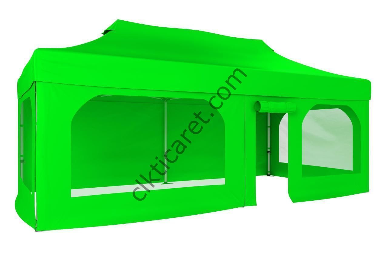CLK 4x8 52mm Kalın Alüminyum Katlanabilir Tente Gazebo Çadır 2 Yan Pencereli 1 Yan Aksesuarsız 1 Yan Kapı ve Pencereli Açık Yeşil