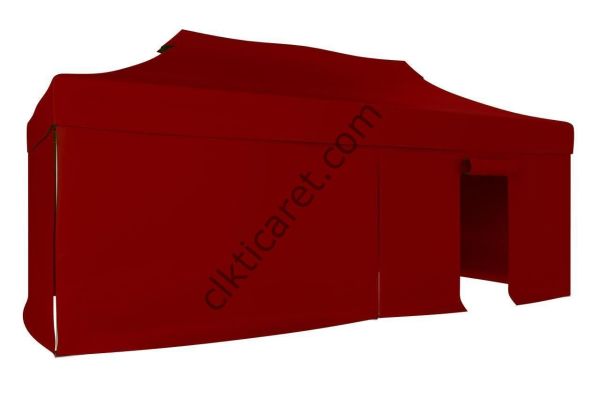 CLK 3x6 40mm Alüminyum Katlanabilir Tente Gazebo Çadır 3 Yan Kapalı 1 Kapılı Bordo