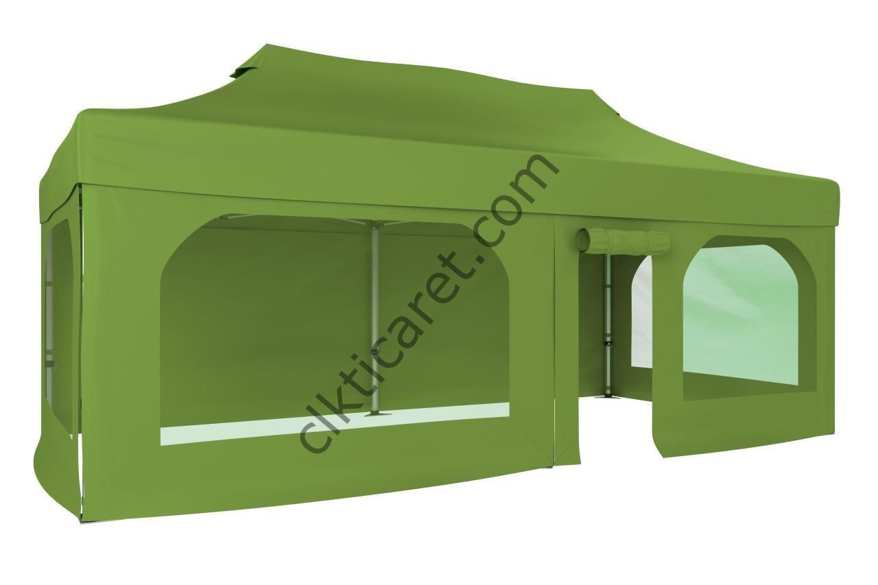 CLK 4x8 52mm Kalın Alüminyum Katlanabilir Tente Gazebo Çadır 2 Yan Pencereli 1 Yan Aksesuarsız 1 Yan Kapı ve Pencereli Haki Askeri Yeşil