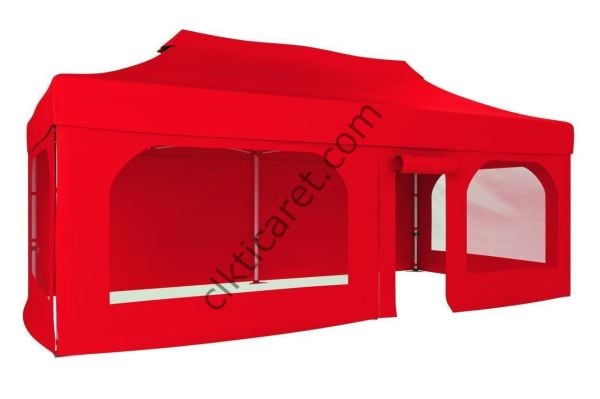 CLK 4x8 52mm Kalın Alüminyum Katlanabilir Tente Gazebo Çadır 2 Yan Pencereli 1 Yan Aksesuarsız 1 Yan Kapı ve Pencereli Kırmızı