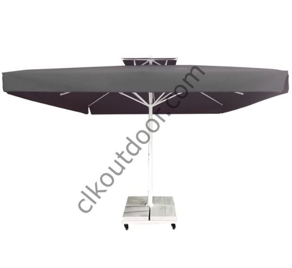 CLK 3,5x3,5 Metre Saçaklı LUX Model Krank Sistem Teleskopik Şemsiye Q90 Profil Açık Mavi (Turkuaz) - Metal Hareketli Ayak 4 Mermerli (80x80cm 160 kg)